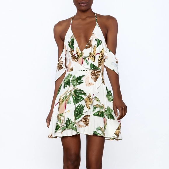 Dress Forum Dresses & Skirts - DRESS FORUM Cold Shoulder Flounce Palm Leaf Dress
